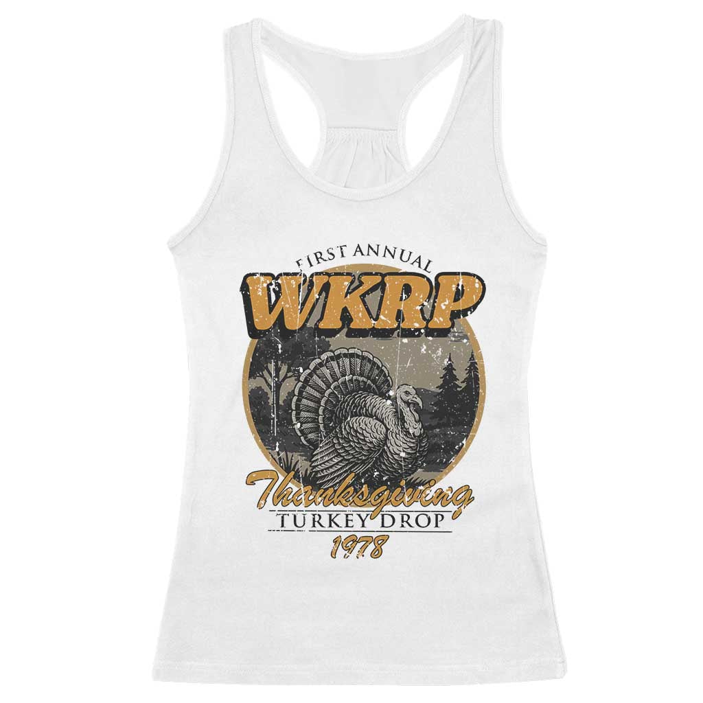 Retro WKRP Thanksgiving Turkey Drop 1978 Racerback Tank Top Distressed Vintage Holiday TS02 White Print Your Wear