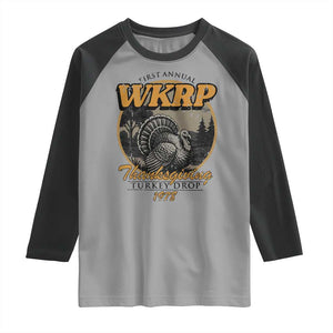Retro WKRP Thanksgiving Turkey Drop 1978 Raglan Shirt Distressed Vintage Holiday TS02 Sport Gray Black Print Your Wear