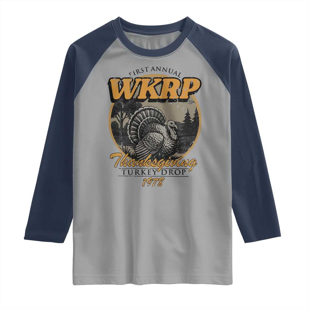 Retro WKRP Thanksgiving Turkey Drop 1978 Raglan Shirt Distressed Vintage Holiday TS02 Sport Gray Navy Print Your Wear