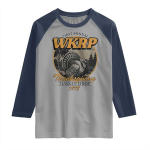 Retro WKRP Thanksgiving Turkey Drop 1978 Raglan Shirt Distressed Vintage Holiday TS02 Sport Gray Navy Print Your Wear