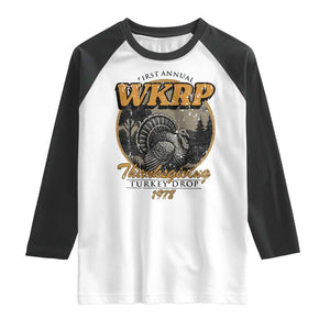 Retro WKRP Thanksgiving Turkey Drop 1978 Raglan Shirt Distressed Vintage Holiday TS02 White Black Print Your Wear