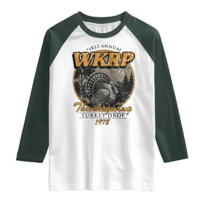 Retro WKRP Thanksgiving Turkey Drop 1978 Raglan Shirt Distressed Vintage Holiday TS02 White Dark Forest Green Print Your Wear