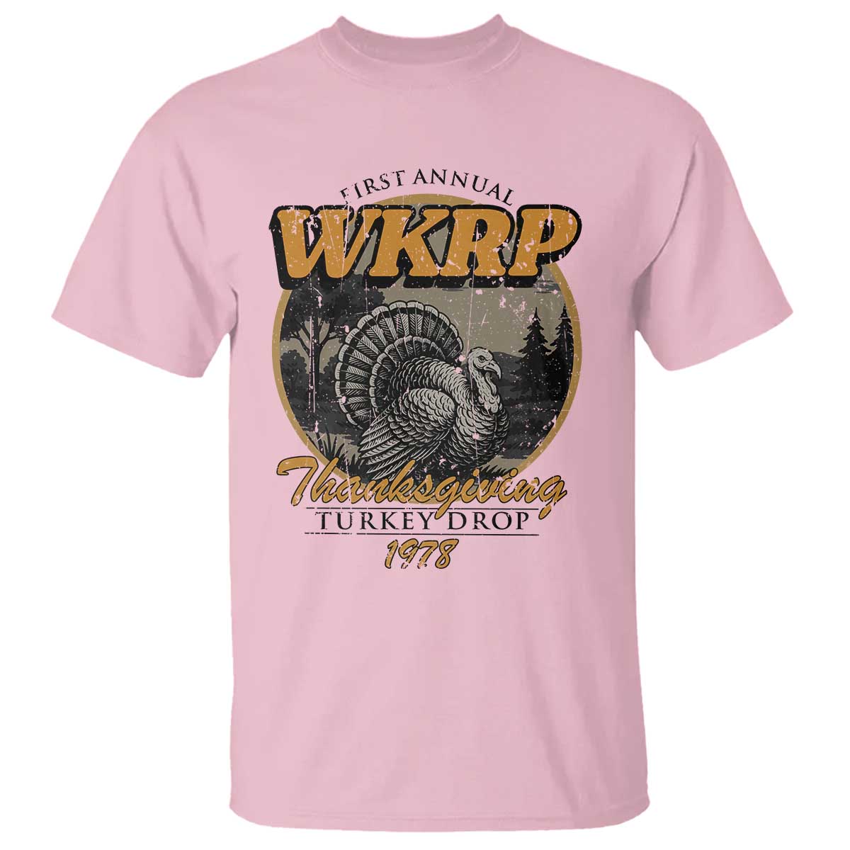 Retro WKRP Thanksgiving Turkey Drop 1978 T Shirt Distressed Vintage Holiday TS02 Light Pink Print Your Wear