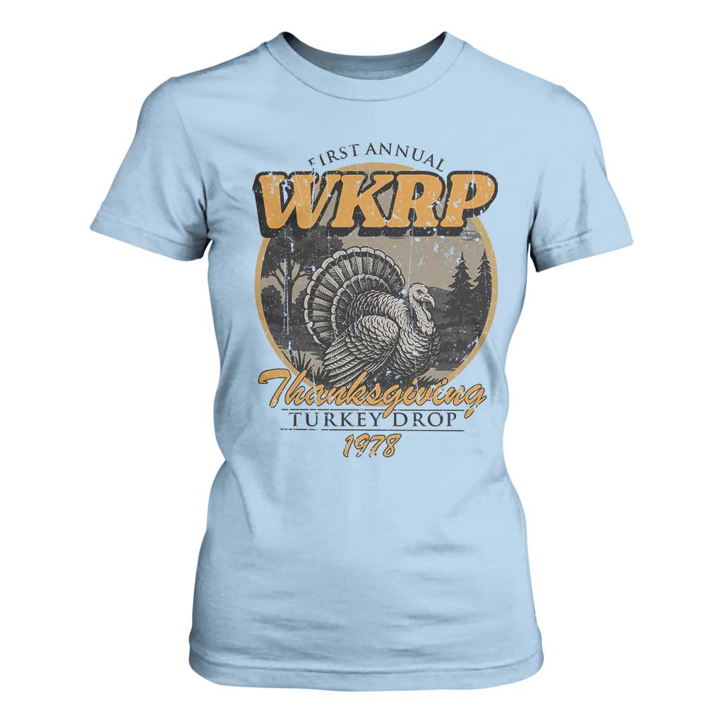 Retro WKRP Thanksgiving Turkey Drop 1978 T Shirt For Women Distressed Vintage Holiday TS02 Light Blue Print Your Wear