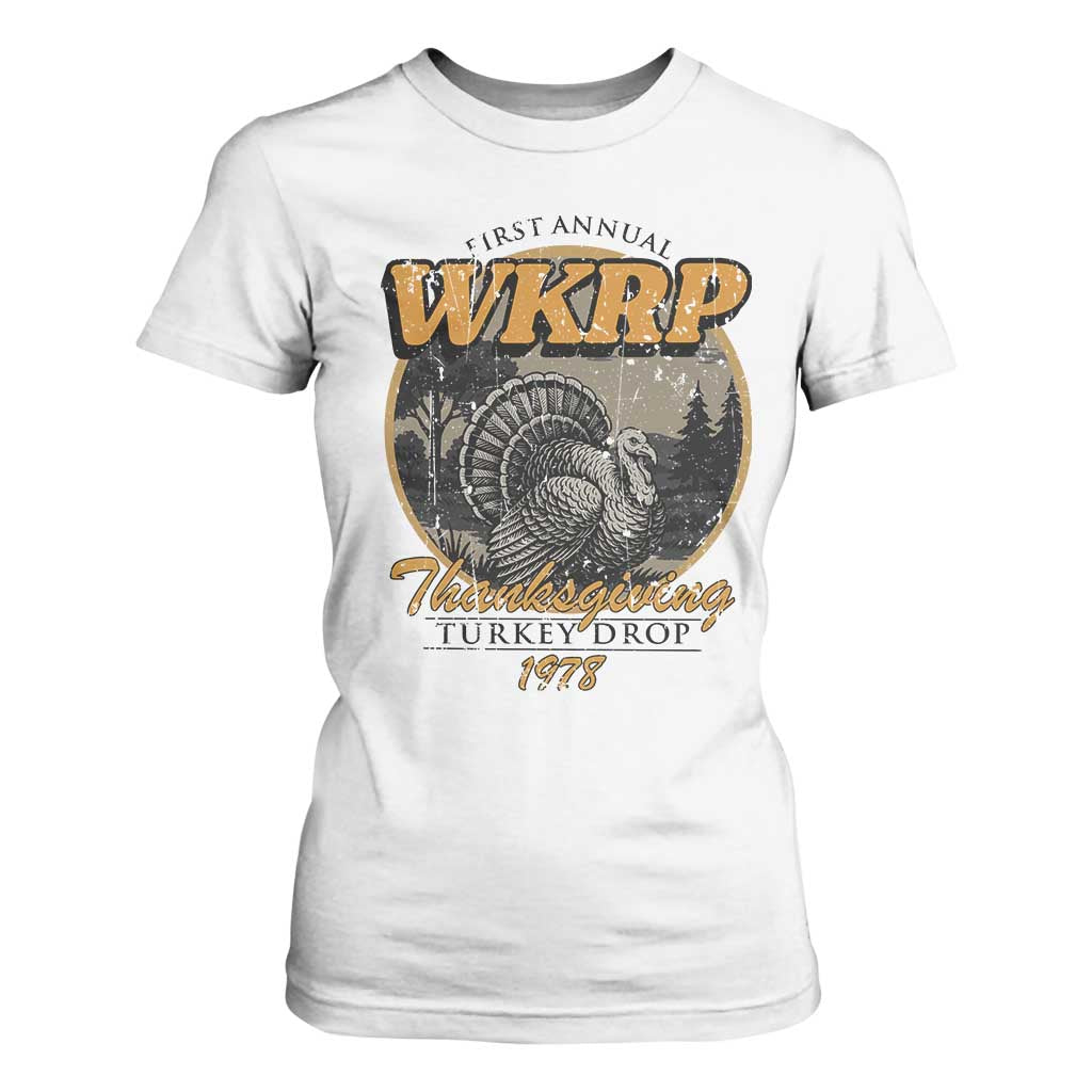 Retro WKRP Thanksgiving Turkey Drop 1978 T Shirt For Women Distressed Vintage Holiday TS02 White Print Your Wear