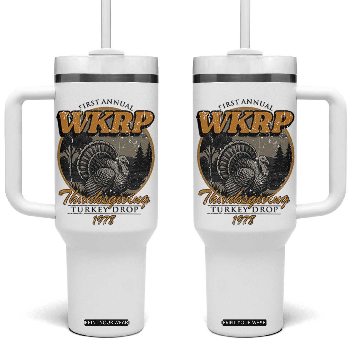 Retro WKRP Thanksgiving Turkey Drop 1978 Tumbler With Handle Distressed Vintage Holiday TS02 One Size: 40 oz White Print Your Wear