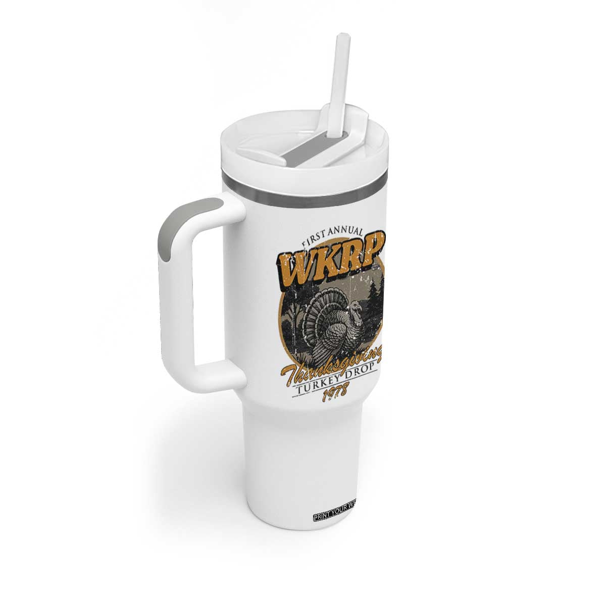 Retro WKRP Thanksgiving Turkey Drop 1978 Tumbler With Handle Distressed Vintage Holiday TS02 Print Your Wear