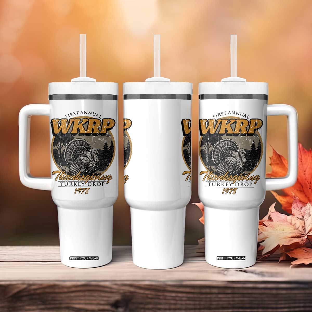 Retro WKRP Thanksgiving Turkey Drop 1978 Tumbler With Handle Distressed Vintage Holiday TS02 Print Your Wear