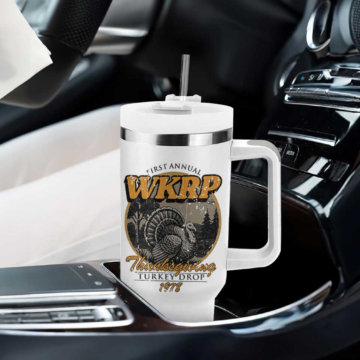 Retro WKRP Thanksgiving Turkey Drop 1978 Tumbler With Handle Distressed Vintage Holiday TS02 Print Your Wear