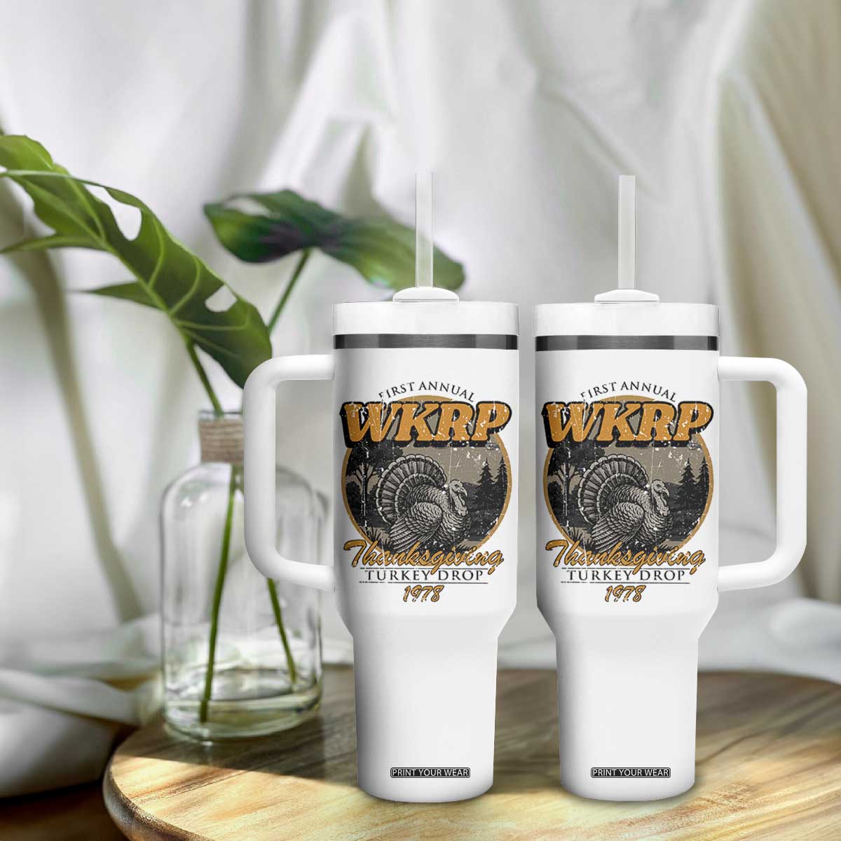 Retro WKRP Thanksgiving Turkey Drop 1978 Tumbler With Handle Distressed Vintage Holiday TS02 Print Your Wear