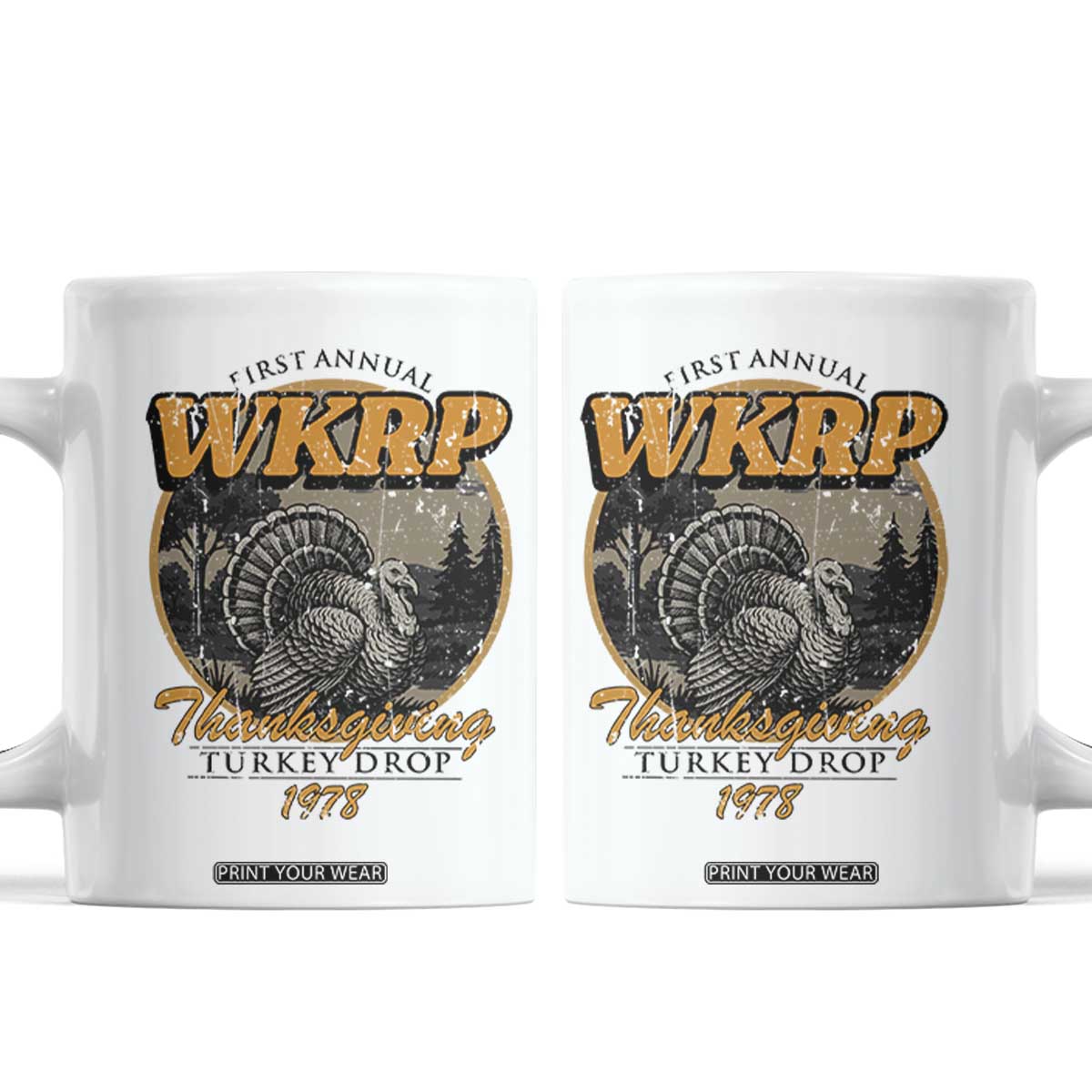 Retro WKRP Thanksgiving Turkey Drop 1978 Coffee Mug Distressed Vintage Holiday TS02 White Print Your Wear