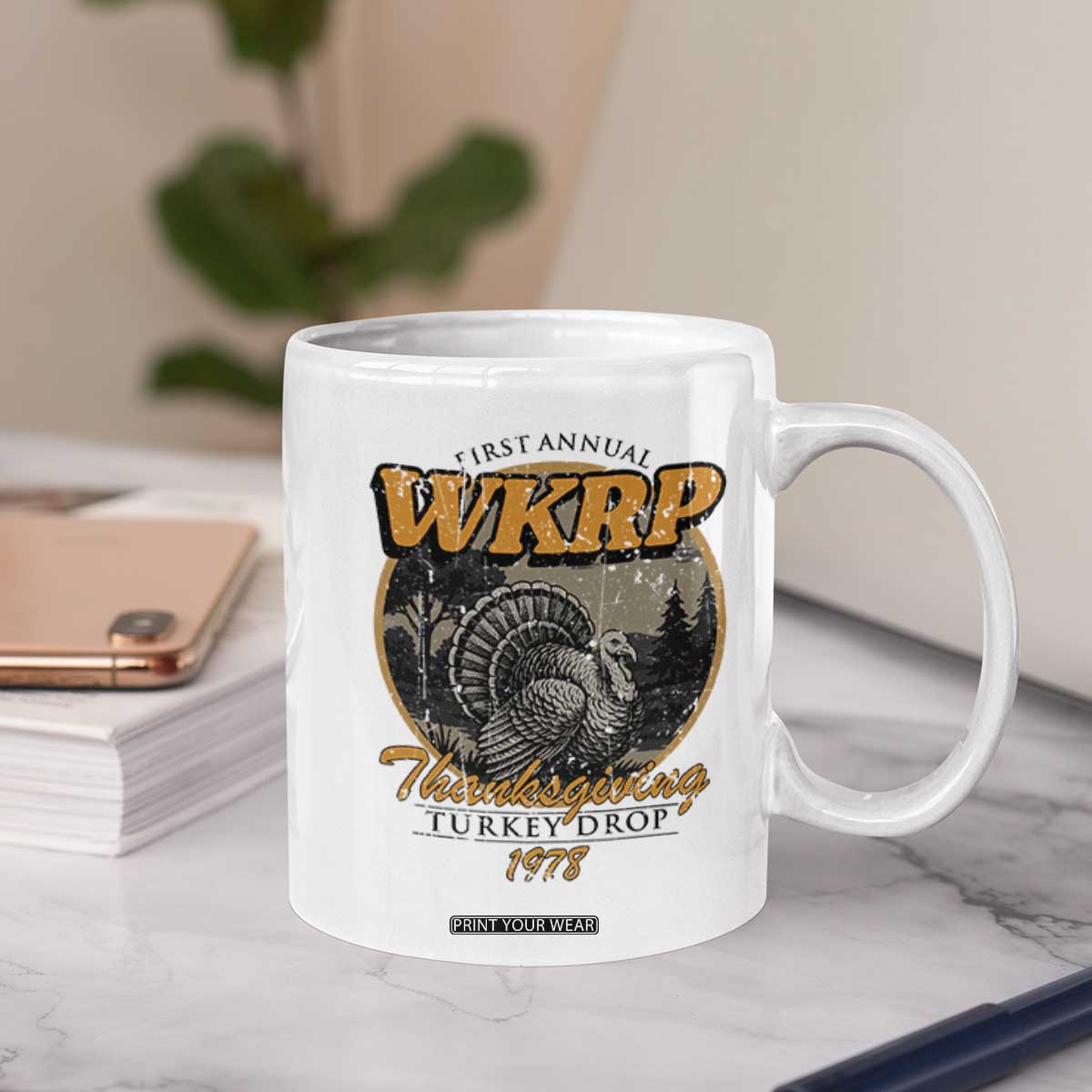 Retro WKRP Thanksgiving Turkey Drop 1978 Coffee Mug Distressed Vintage Holiday TS02 Print Your Wear