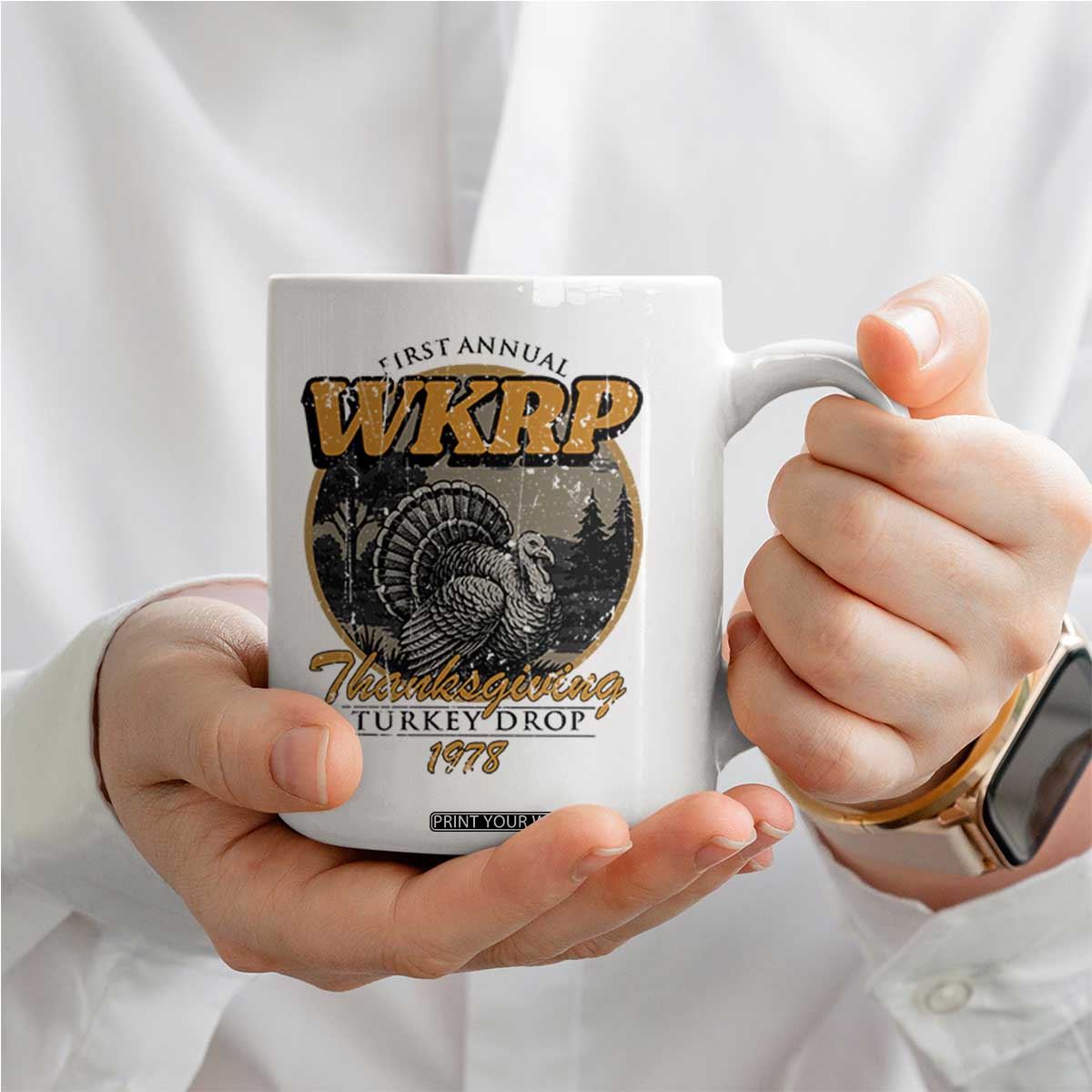 Retro WKRP Thanksgiving Turkey Drop 1978 Coffee Mug Distressed Vintage Holiday TS02 Print Your Wear