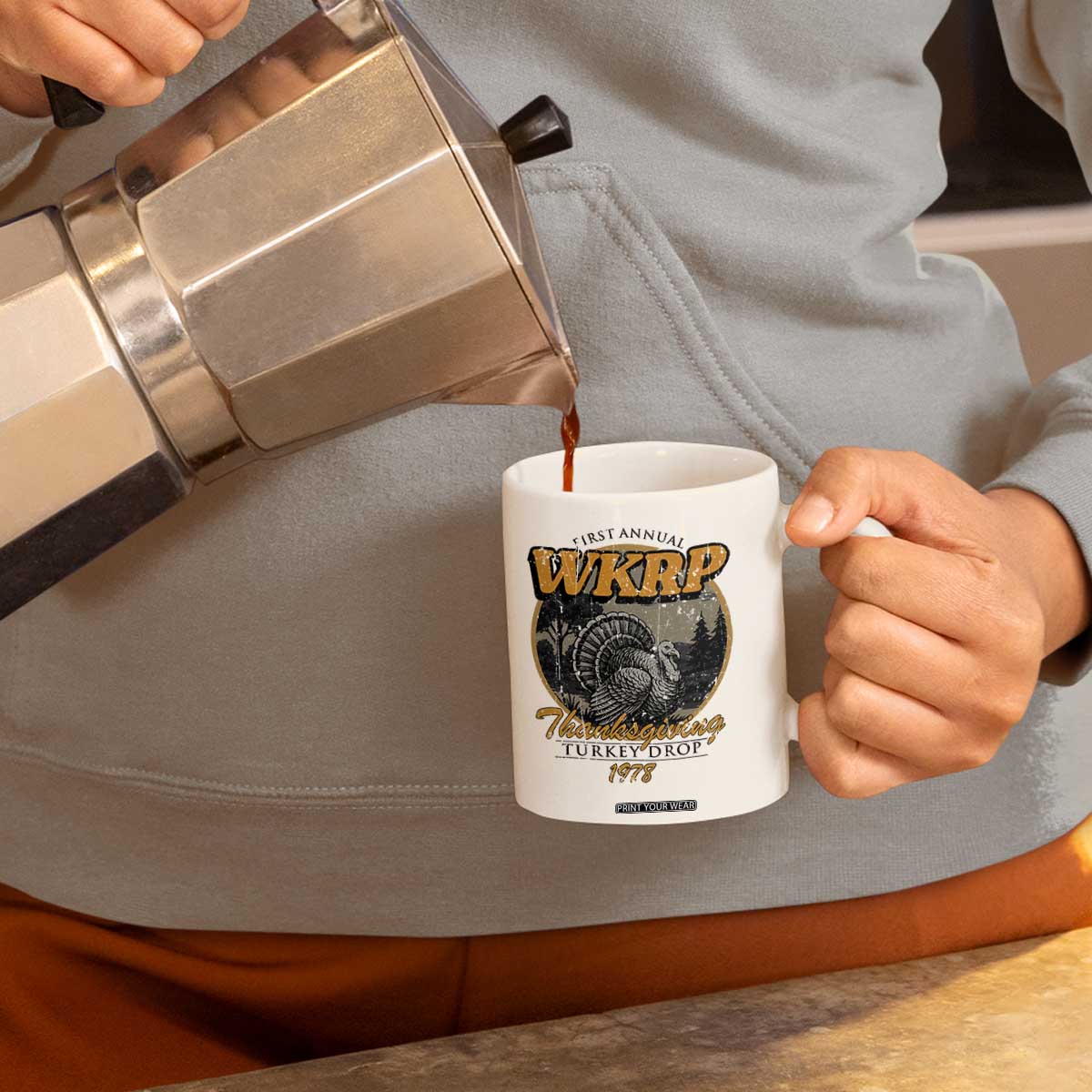 Retro WKRP Thanksgiving Turkey Drop 1978 Coffee Mug Distressed Vintage Holiday TS02 Print Your Wear