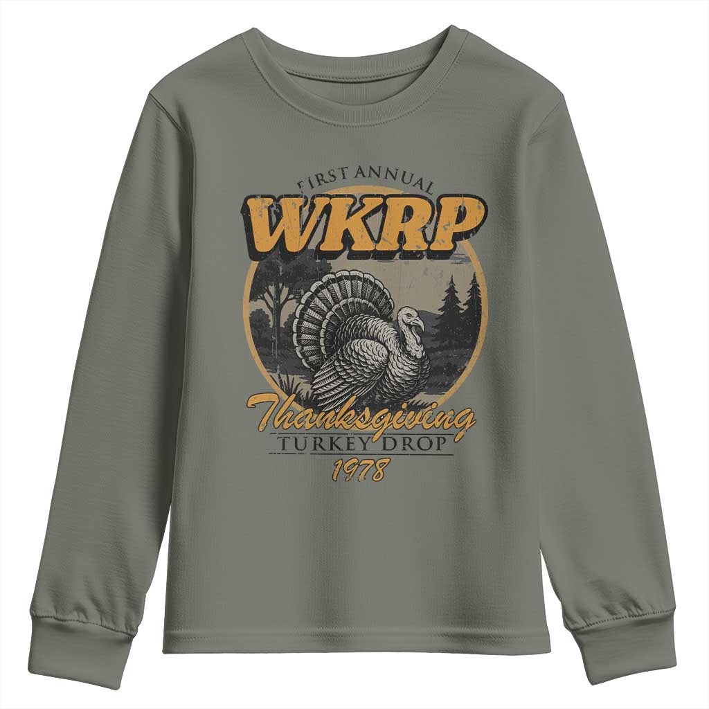 Retro WKRP Thanksgiving Turkey Drop 1978 Youth Sweatshirt Distressed Vintage Holiday TS02 Military Green Print Your Wear
