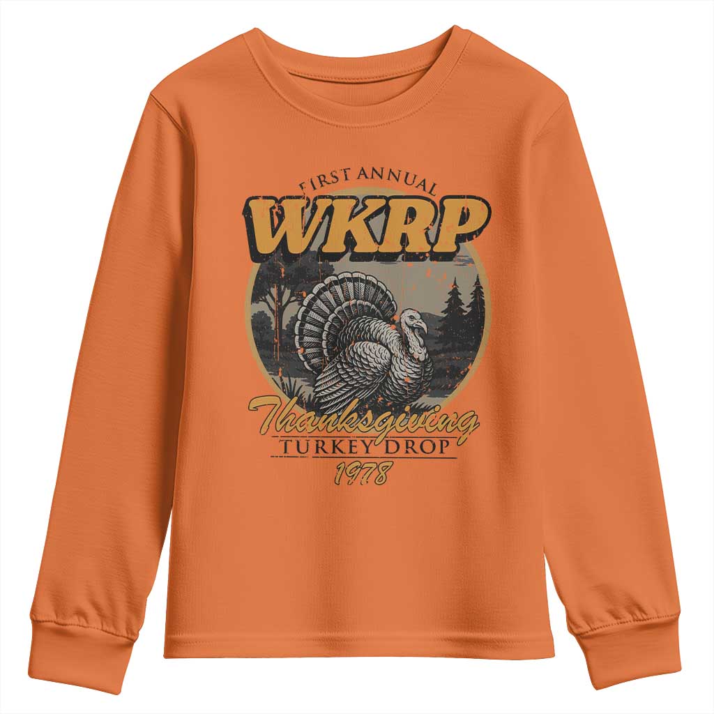 Retro WKRP Thanksgiving Turkey Drop 1978 Youth Sweatshirt Distressed Vintage Holiday TS02 Orange Print Your Wear