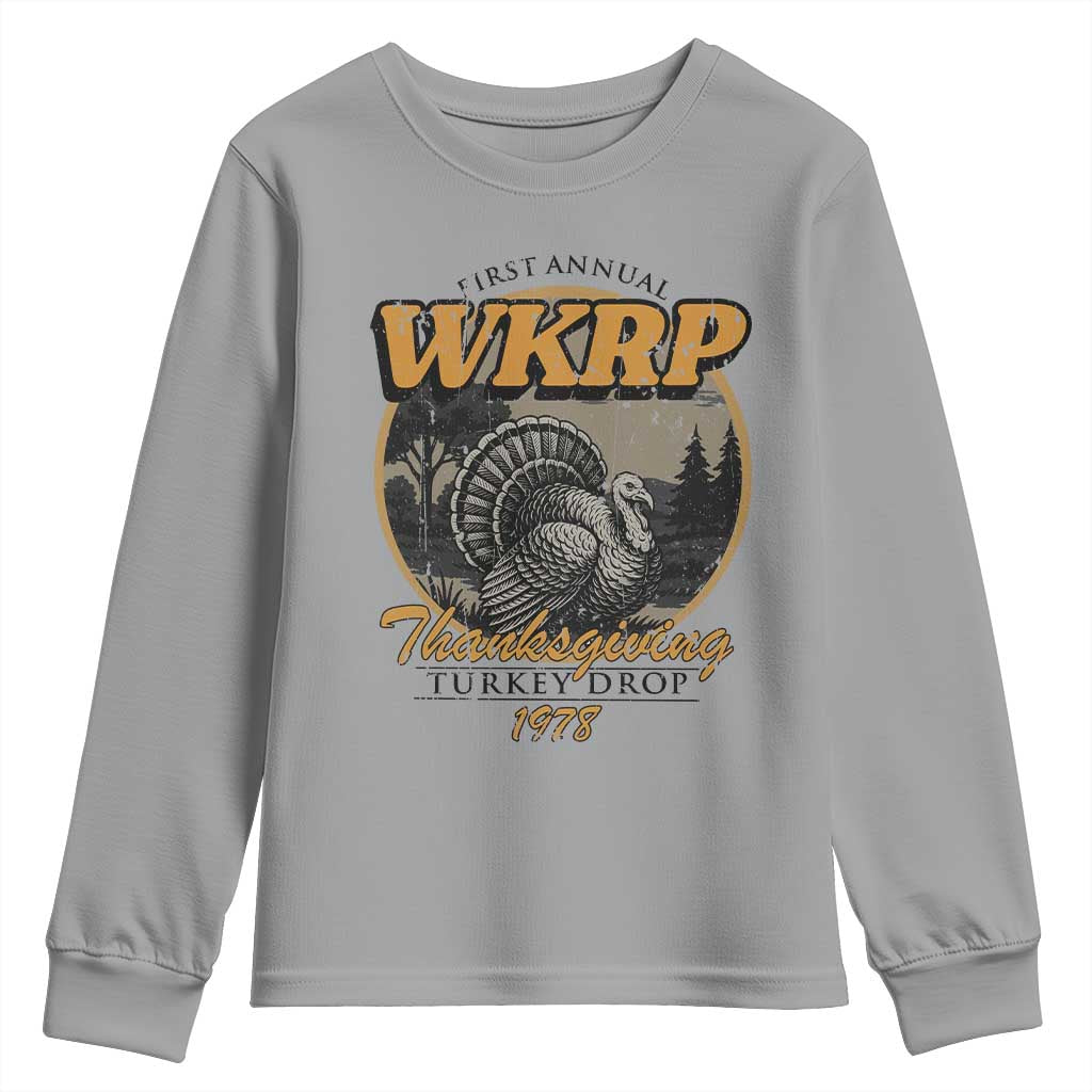 Retro WKRP Thanksgiving Turkey Drop 1978 Youth Sweatshirt Distressed Vintage Holiday TS02 Sport Gray Print Your Wear