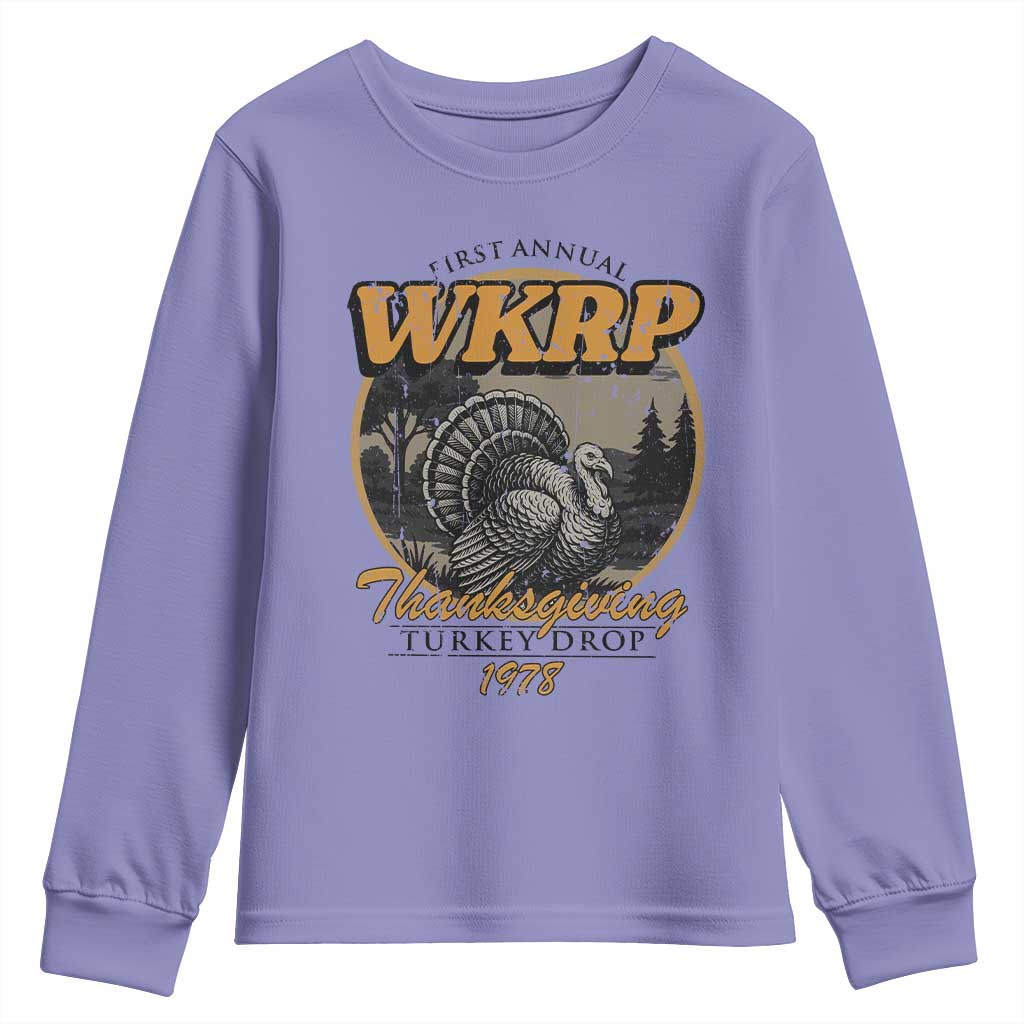 Retro WKRP Thanksgiving Turkey Drop 1978 Youth Sweatshirt Distressed Vintage Holiday TS02 Violet Print Your Wear