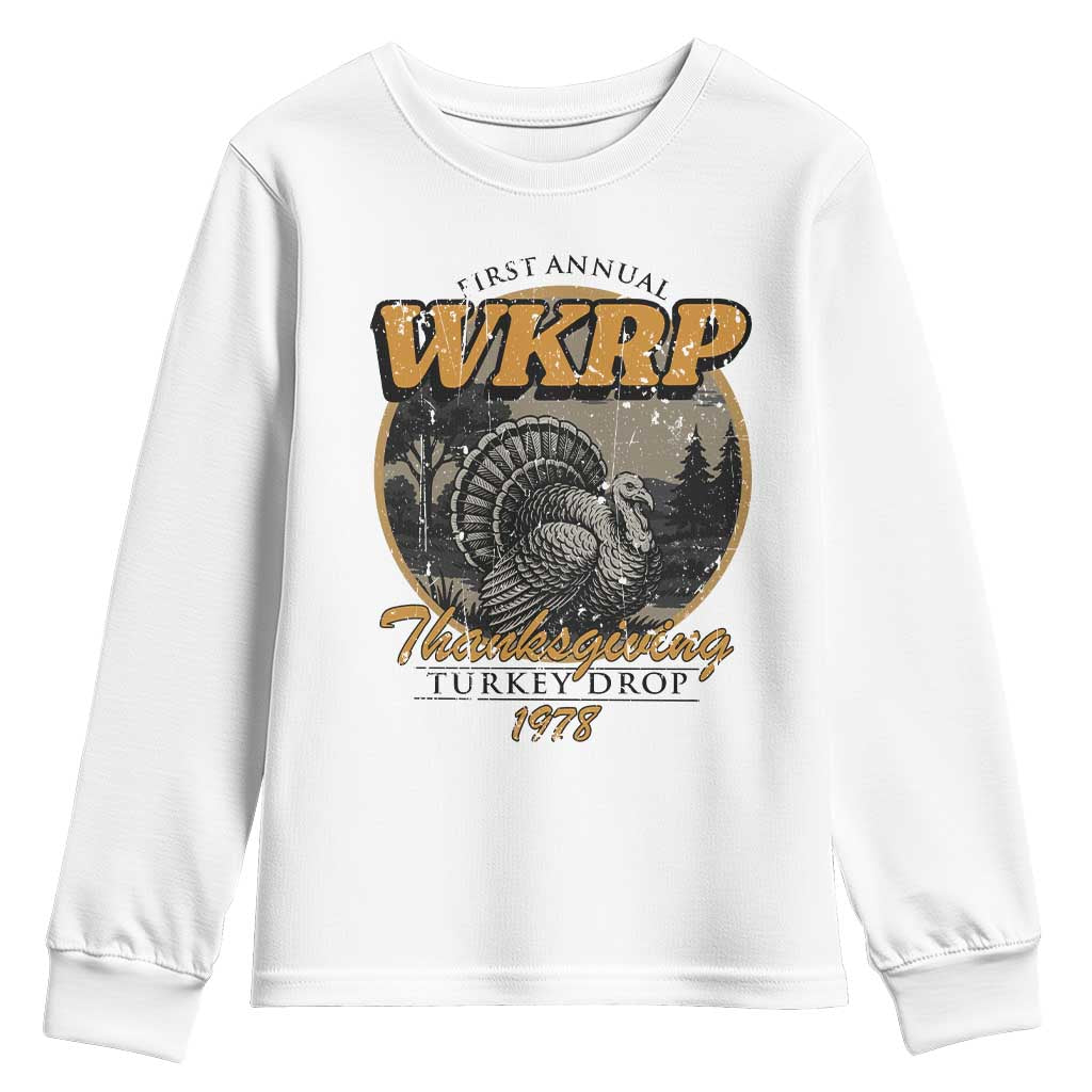Retro WKRP Thanksgiving Turkey Drop 1978 Youth Sweatshirt Distressed Vintage Holiday TS02 White Print Your Wear