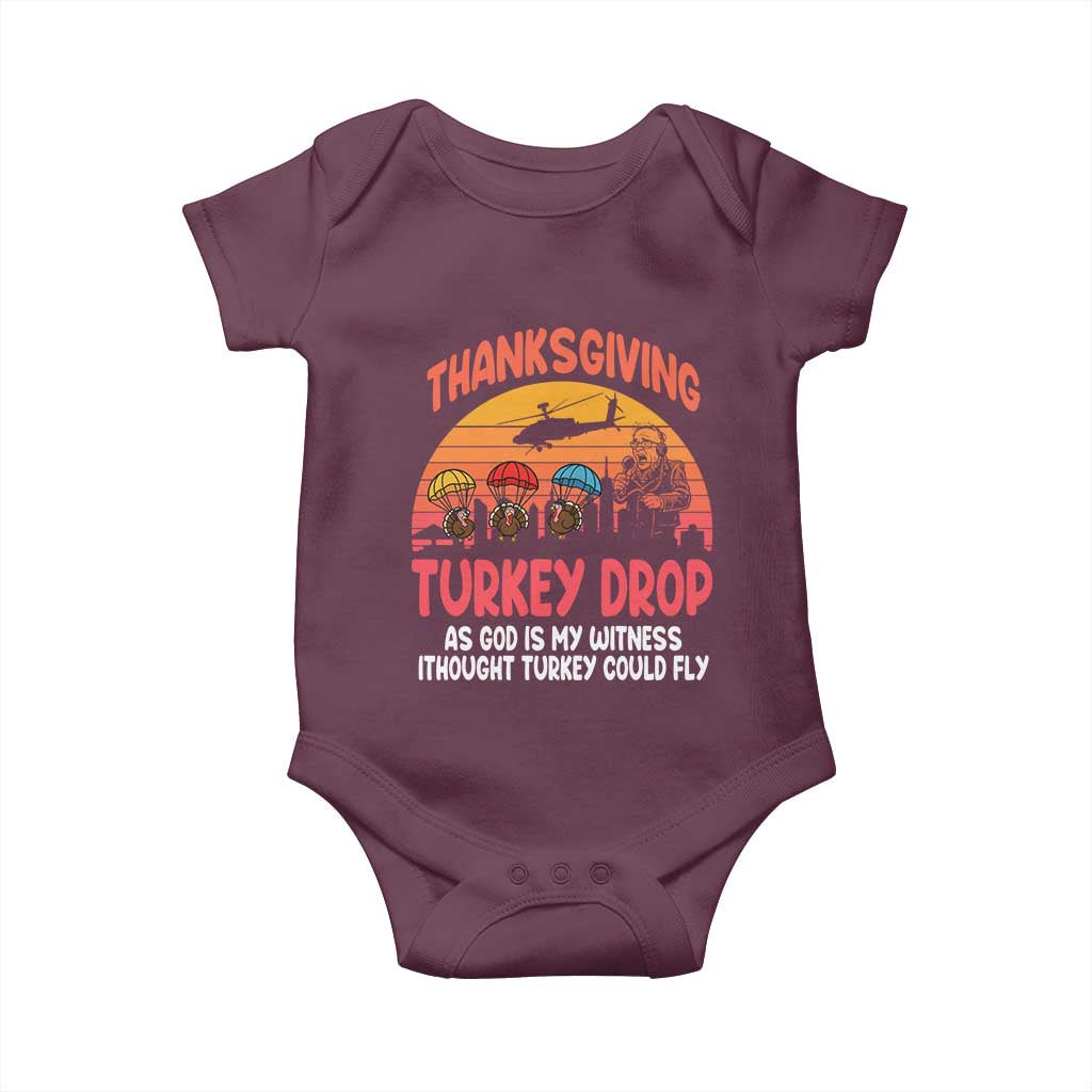Retro Thanksgiving Turkey Drop Baby Onesie Parachuting Turkeys Funny 70s Parody TS02 Maroon Print Your Wear