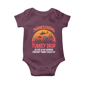Retro Thanksgiving Turkey Drop Baby Onesie Parachuting Turkeys Funny 70s Parody TS02 Maroon Print Your Wear