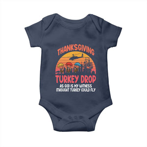 Retro Thanksgiving Turkey Drop Baby Onesie Parachuting Turkeys Funny 70s Parody TS02 Navy Print Your Wear