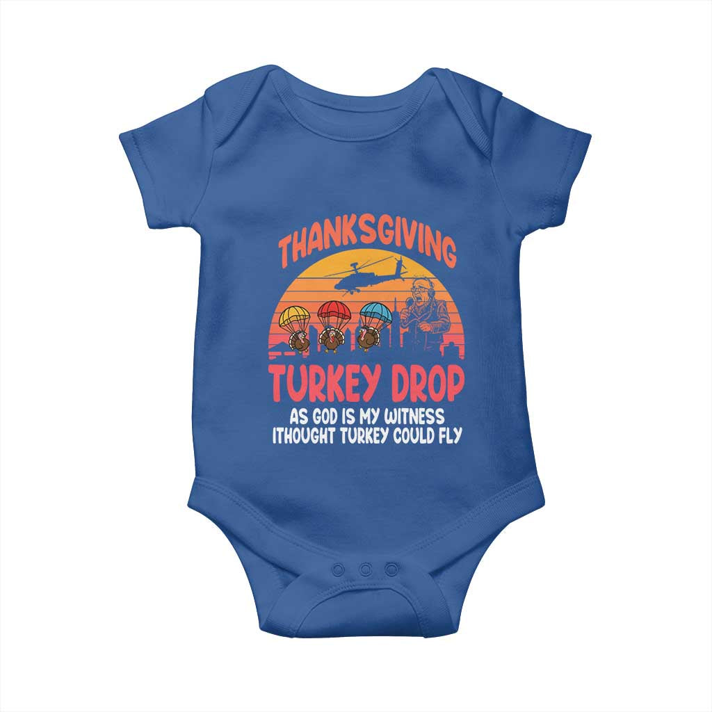Retro Thanksgiving Turkey Drop Baby Onesie Parachuting Turkeys Funny 70s Parody TS02 Royal Blue Print Your Wear