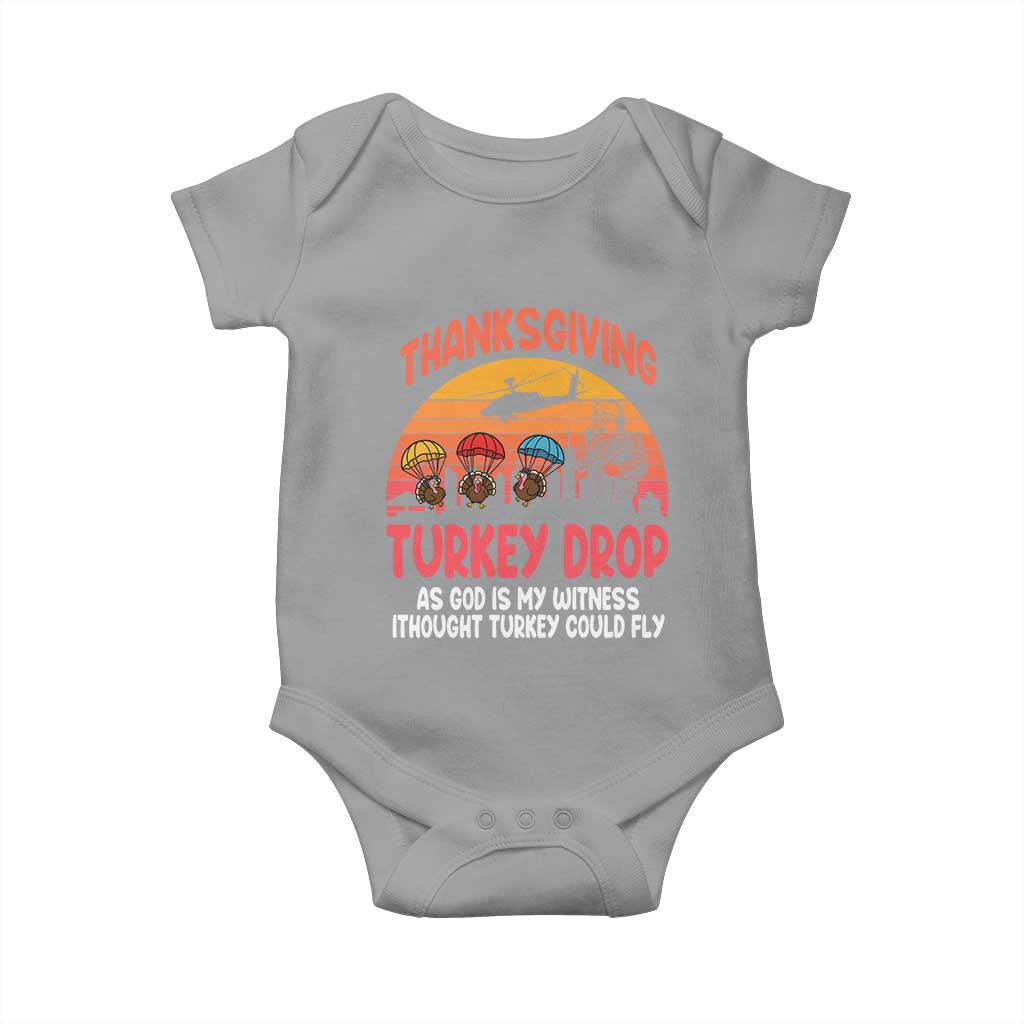 Retro Thanksgiving Turkey Drop Baby Onesie Parachuting Turkeys Funny 70s Parody TS02 Sport Gray Print Your Wear