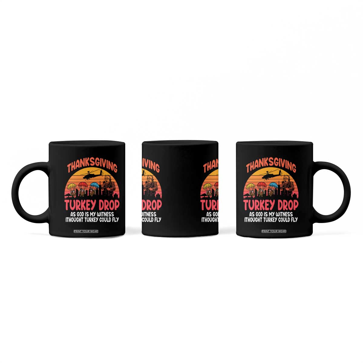 Retro Thanksgiving Turkey Drop Coffee Mug Parachuting Turkeys Funny 70s Parody TS02 Print Your Wear