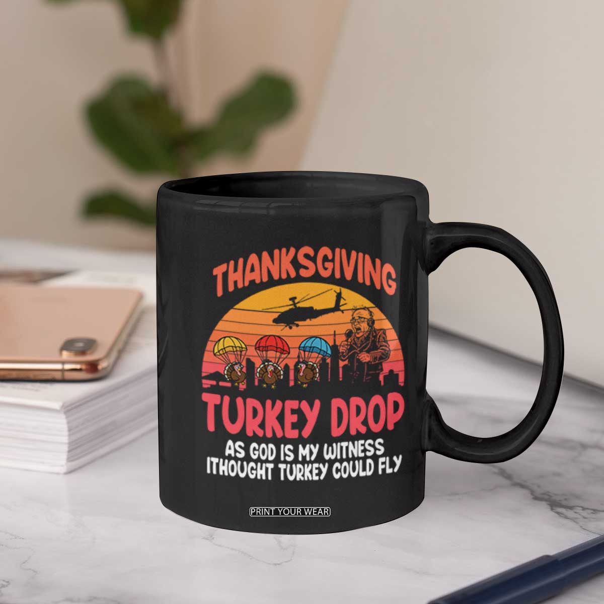 Retro Thanksgiving Turkey Drop Coffee Mug Parachuting Turkeys Funny 70s Parody TS02 Print Your Wear