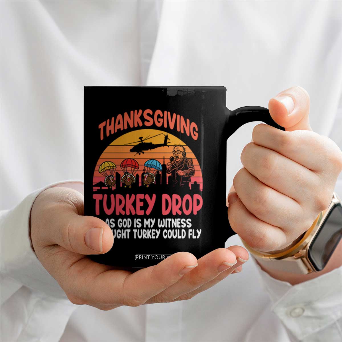 Retro Thanksgiving Turkey Drop Coffee Mug Parachuting Turkeys Funny 70s Parody TS02 Print Your Wear