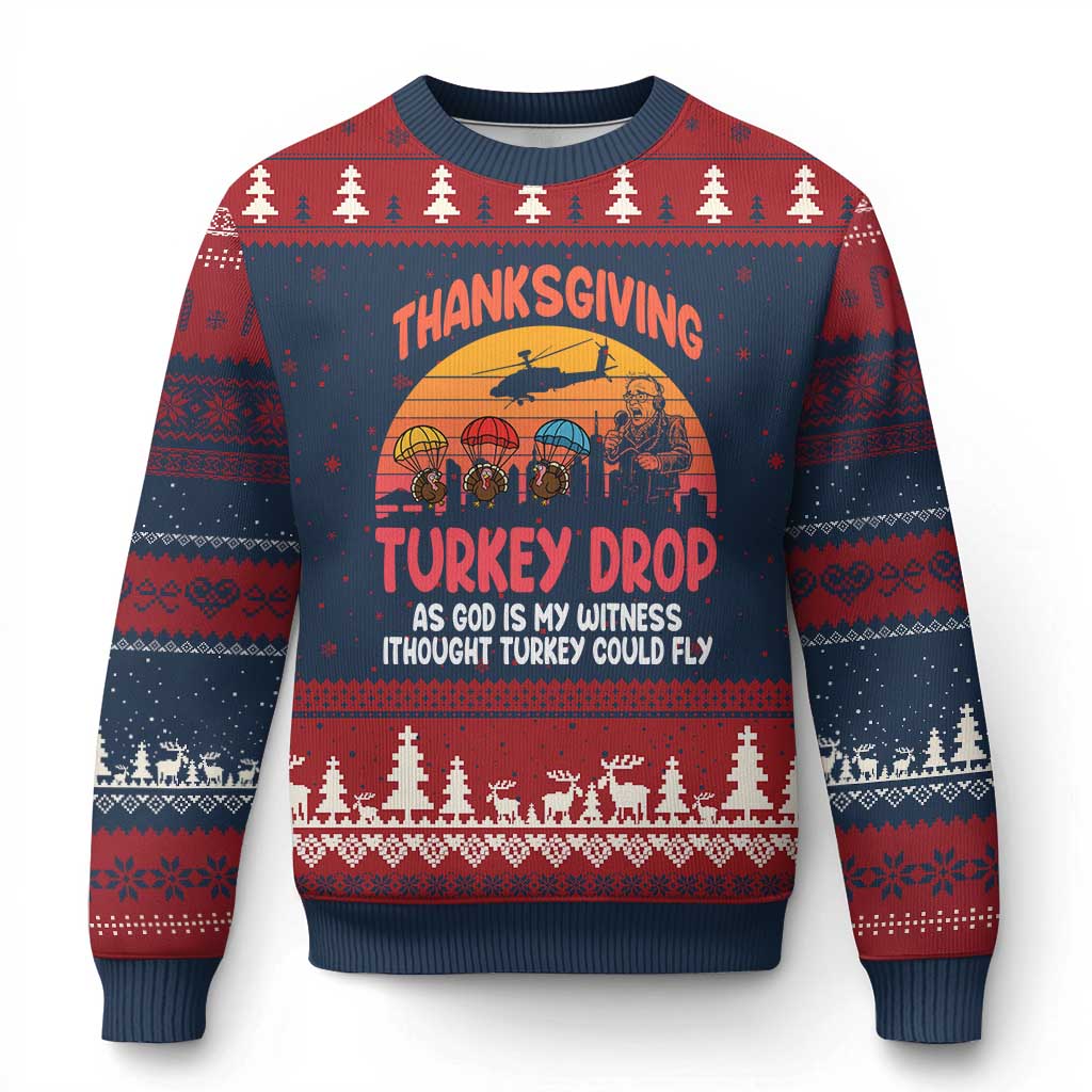 Retro Thanksgiving Turkey Drop Ugly Christmas Sweater Parachuting Turkeys Funny 70s Parody - Print Your Wear