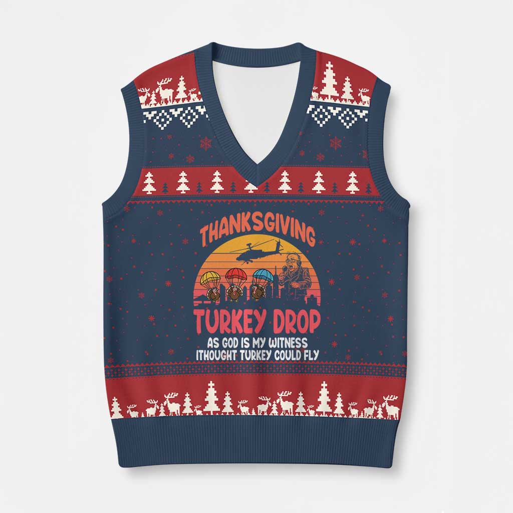 Retro Thanksgiving Turkey Drop V-Neck Knit Sweater Vest Parachuting Turkeys Funny 70s Parody TS02 Navy Red Print Your Wear