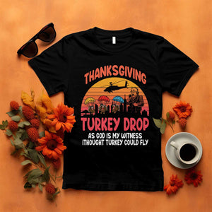 Retro Thanksgiving Turkey Drop T Shirt Parachuting Turkeys Funny 70s Parody TS02 Black Print Your Wear