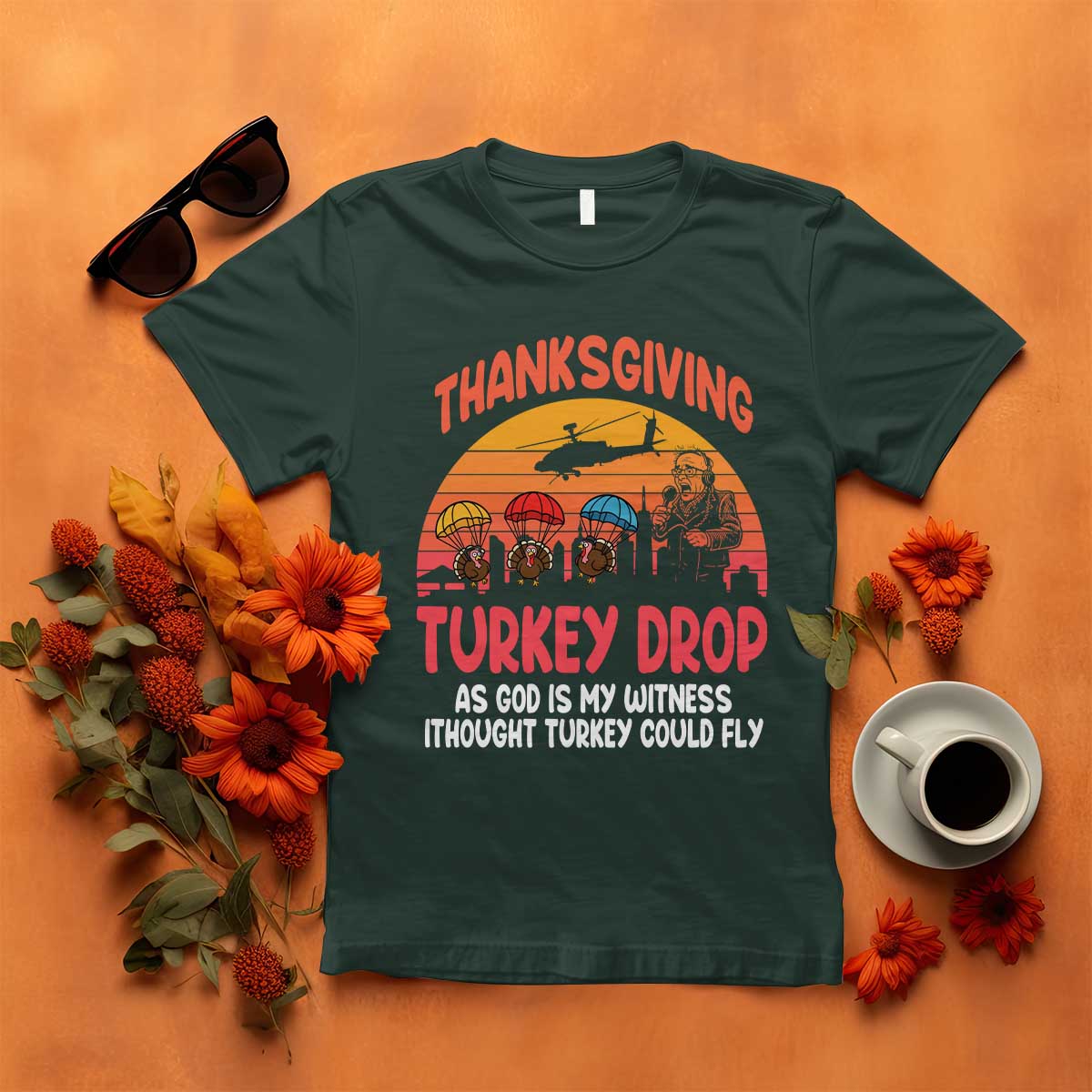 Retro Thanksgiving Turkey Drop T Shirt Parachuting Turkeys Funny 70s Parody TS02 Dark Forest Green Print Your Wear