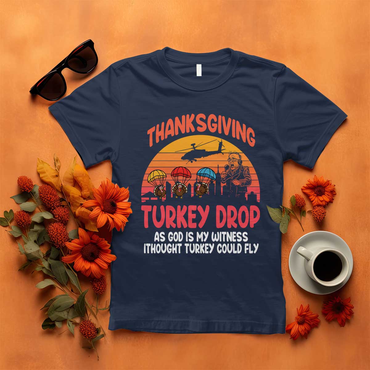 Retro Thanksgiving Turkey Drop T Shirt Parachuting Turkeys Funny 70s Parody TS02 Navy Print Your Wear