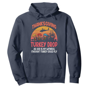 Retro Thanksgiving Turkey Drop Hoodie Parachuting Turkeys Funny 70s Parody TS02 Navy Print Your Wear