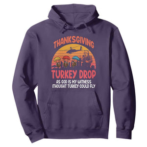 Retro Thanksgiving Turkey Drop Hoodie Parachuting Turkeys Funny 70s Parody TS02 Purple Print Your Wear