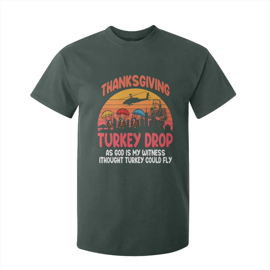 Retro Thanksgiving Turkey Drop T Shirt For Kid Parachuting Turkeys Funny 70s Parody TS02 Dark Forest Green Print Your Wear
