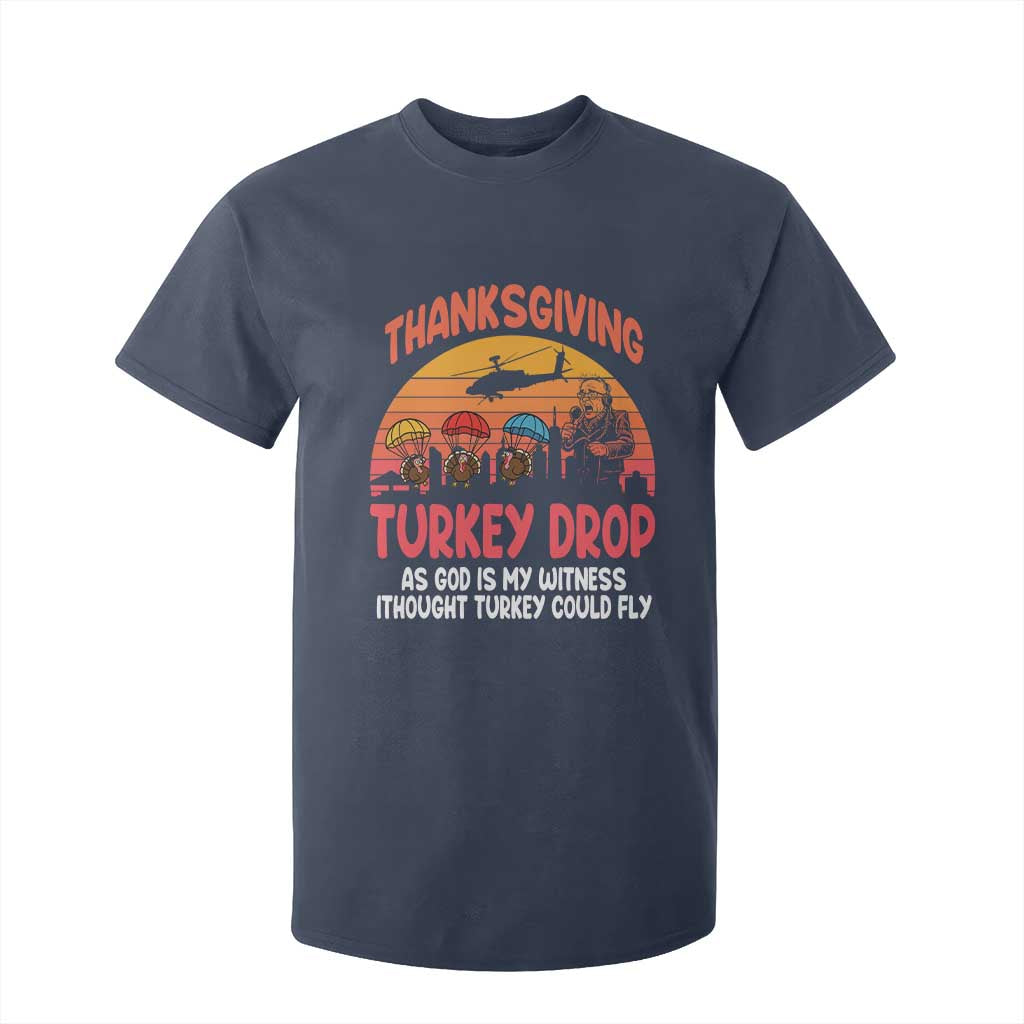 Retro Thanksgiving Turkey Drop T Shirt For Kid Parachuting Turkeys Funny 70s Parody TS02 Navy Print Your Wear