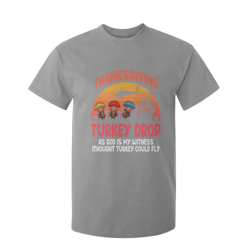 Retro Thanksgiving Turkey Drop T Shirt For Kid Parachuting Turkeys Funny 70s Parody TS02 Sport Gray Print Your Wear