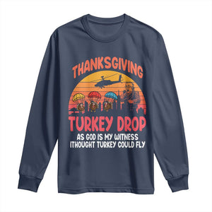 Retro Thanksgiving Turkey Drop Long Sleeve Shirt Parachuting Turkeys Funny 70s Parody TS02 Navy Print Your Wear