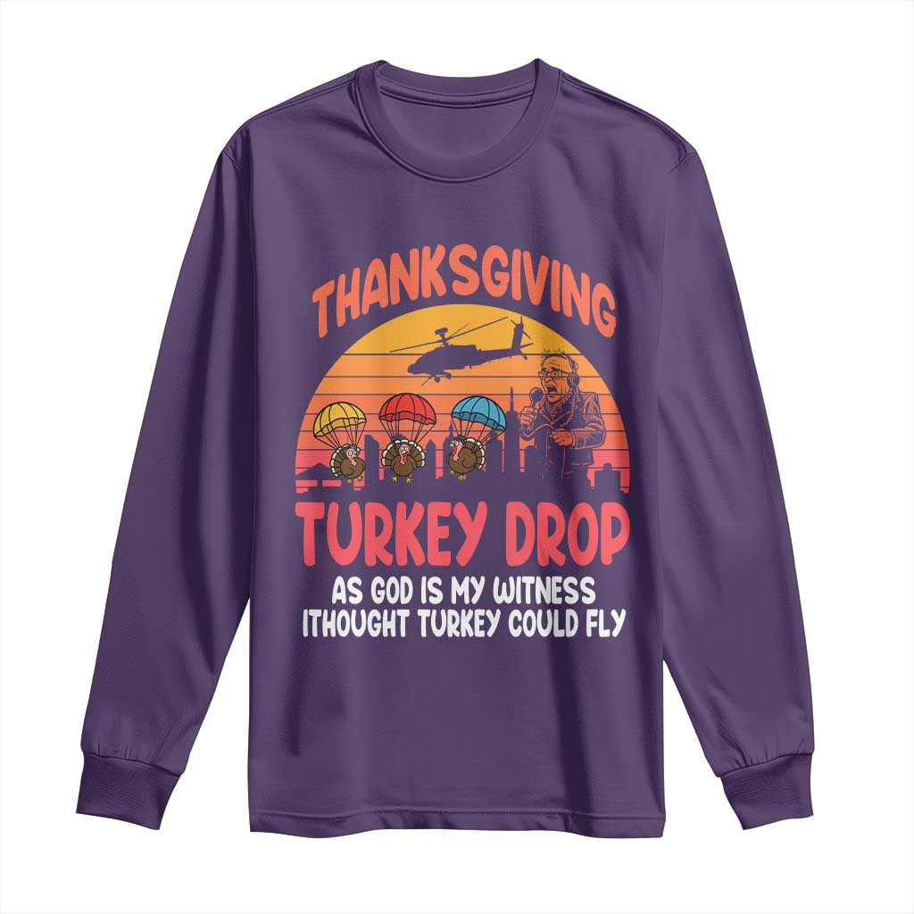 Retro Thanksgiving Turkey Drop Long Sleeve Shirt Parachuting Turkeys Funny 70s Parody TS02 Purple Print Your Wear