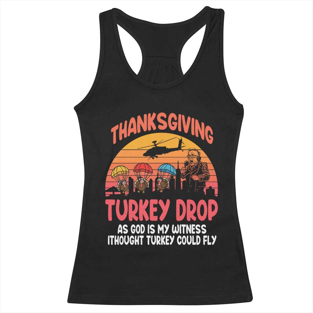 Retro Thanksgiving Turkey Drop Racerback Tank Top Parachuting Turkeys Funny 70s Parody TS02 Black Print Your Wear