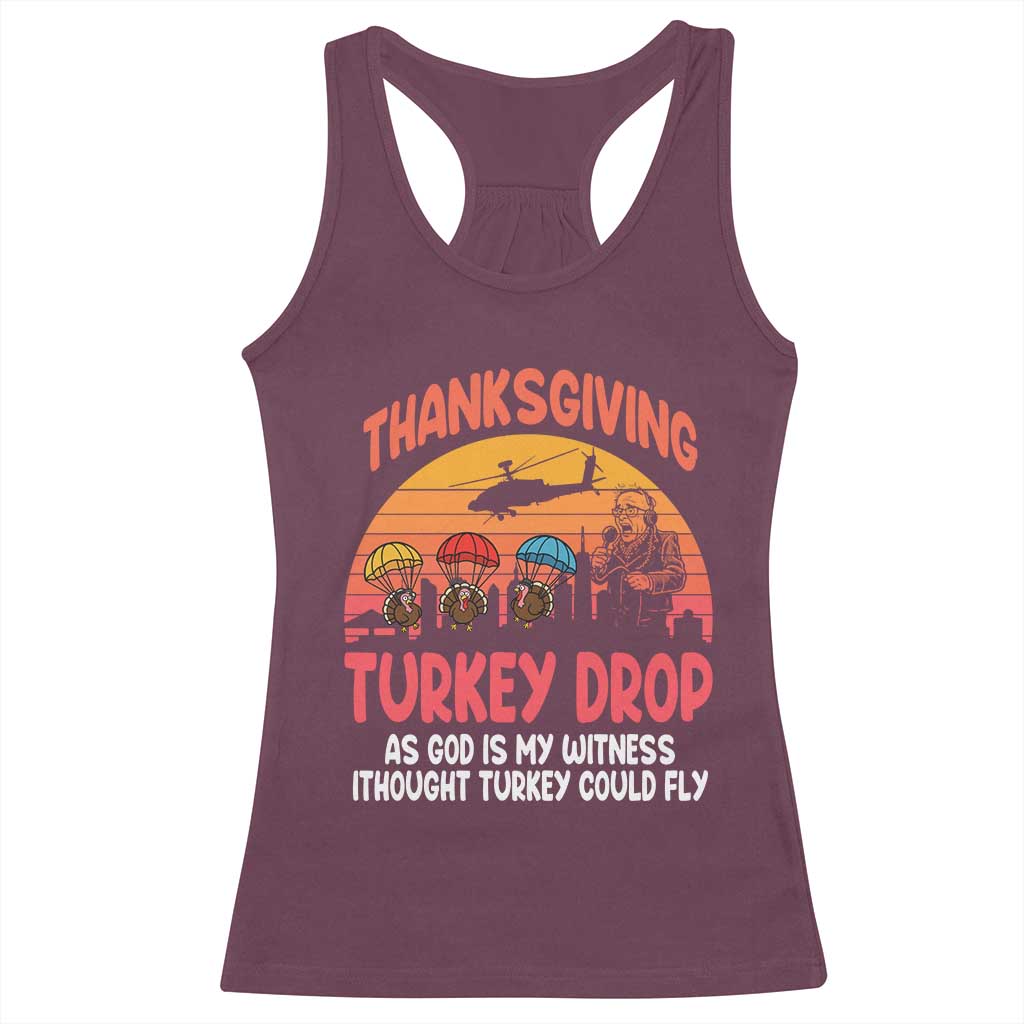 Retro Thanksgiving Turkey Drop Racerback Tank Top Parachuting Turkeys Funny 70s Parody TS02 Maroon Print Your Wear