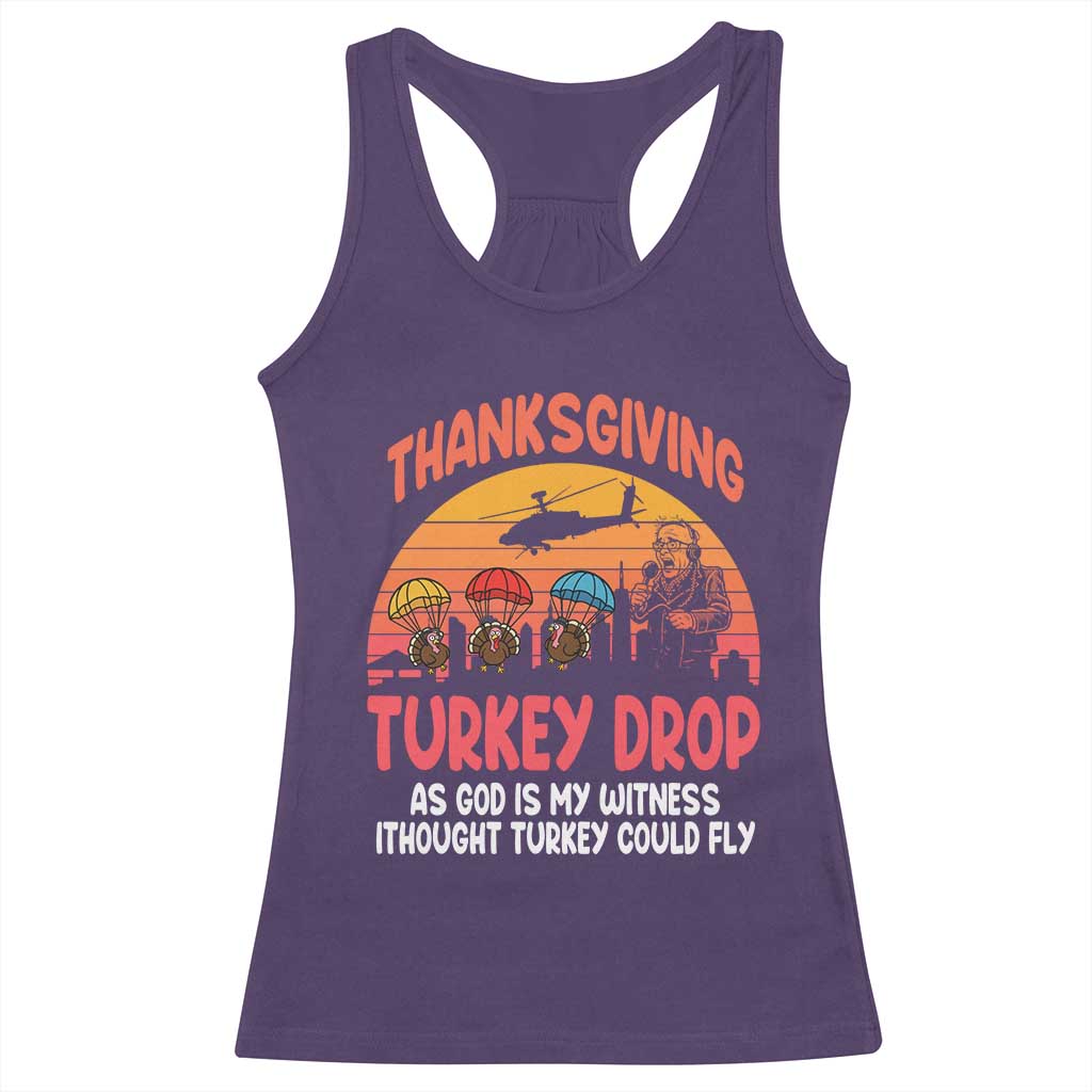 Retro Thanksgiving Turkey Drop Racerback Tank Top Parachuting Turkeys Funny 70s Parody TS02 Purple Print Your Wear