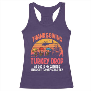Retro Thanksgiving Turkey Drop Racerback Tank Top Parachuting Turkeys Funny 70s Parody TS02 Purple Print Your Wear