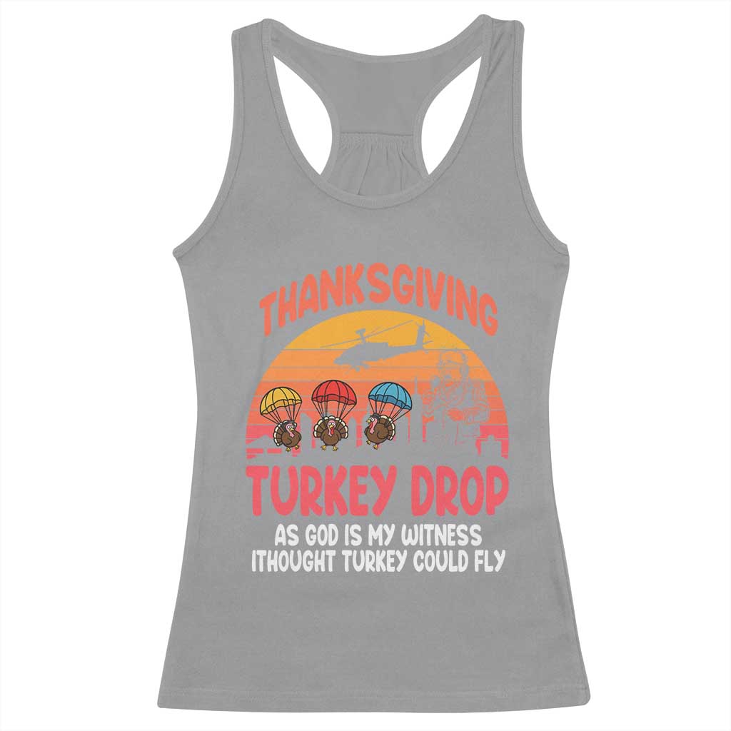 Retro Thanksgiving Turkey Drop Racerback Tank Top Parachuting Turkeys Funny 70s Parody TS02 Sport Gray Print Your Wear