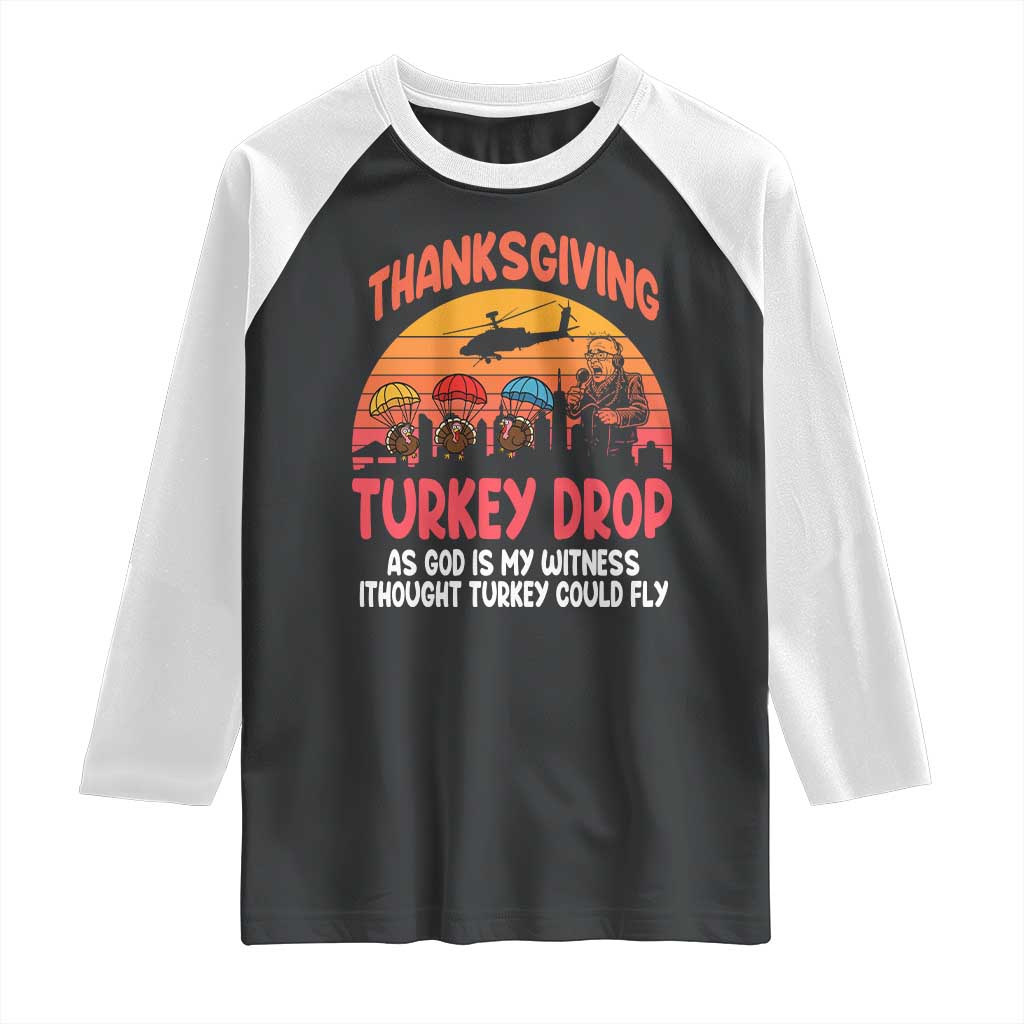Retro Thanksgiving Turkey Drop Raglan Shirt Parachuting Turkeys Funny 70s Parody TS02 Black White Print Your Wear