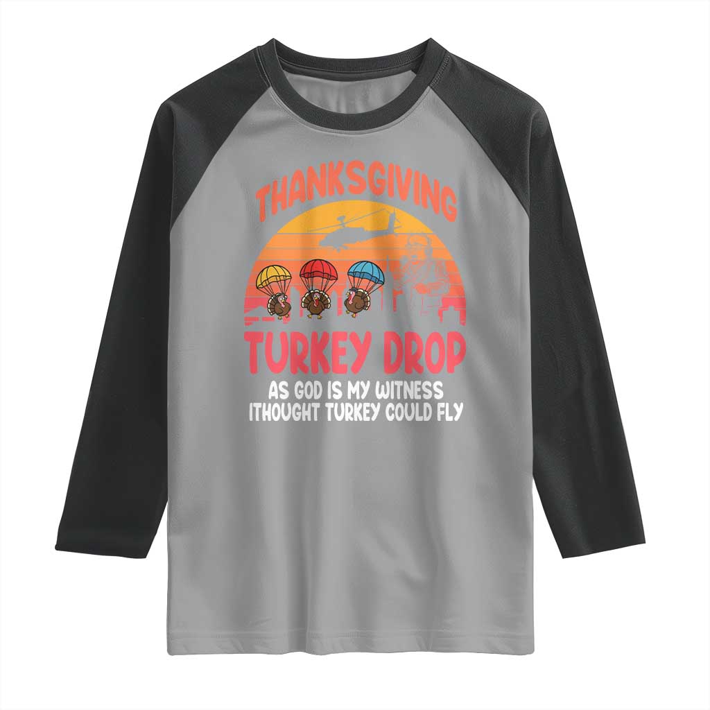 Retro Thanksgiving Turkey Drop Raglan Shirt Parachuting Turkeys Funny 70s Parody TS02 Sport Gray Black Print Your Wear